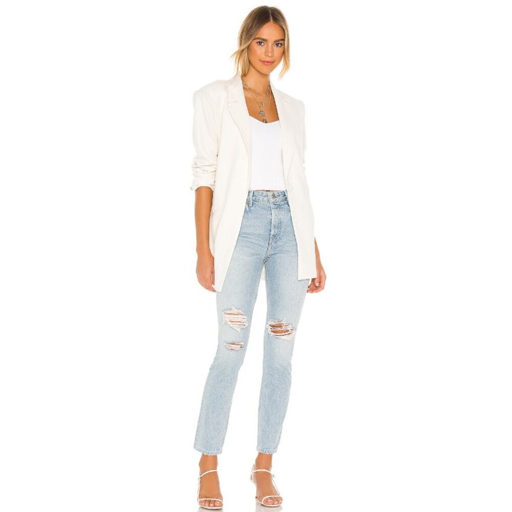 new GRLFRND Denim light wash distressed slim tapered Karolina jeans Don't Speak